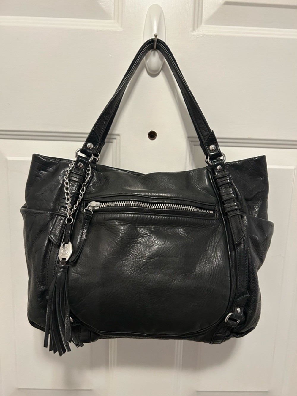 Olivia Harris Leather  Shoulder bag Small/  Tote  W/ Tassels & Chrome Hardware